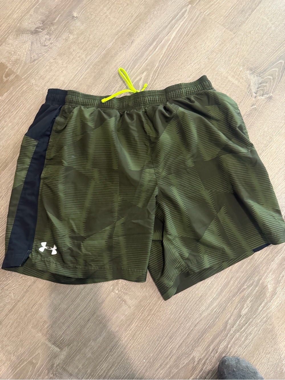 Under Armour Men’s Olive Green Athletic Shorts with Black Panel & Neon Drawcord